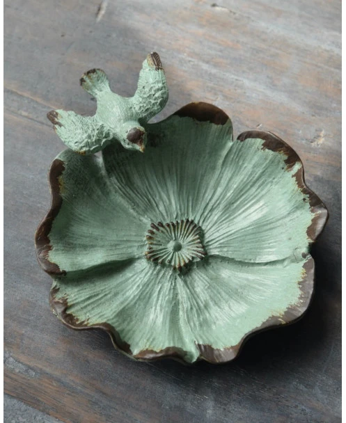 Bloemvorm Antiek Turkoois Schaaltje Met Vogeltje - Afbeelding 2