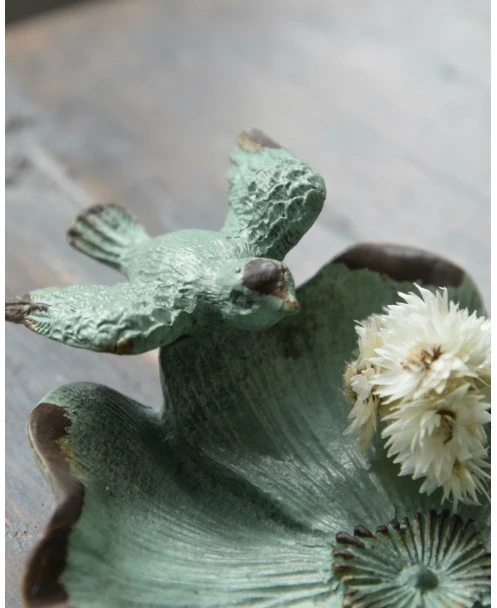 Bloemvorm Antiek Turkoois Schaaltje Met Vogeltje - Afbeelding 3