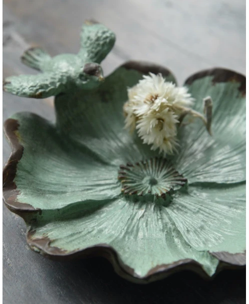 Bloemvorm Antiek Turkoois Schaaltje Met Vogeltje - Afbeelding 6