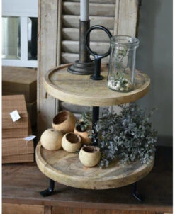 Etagère Van Mangohout Met Zwart Metaal, Twee Lagen