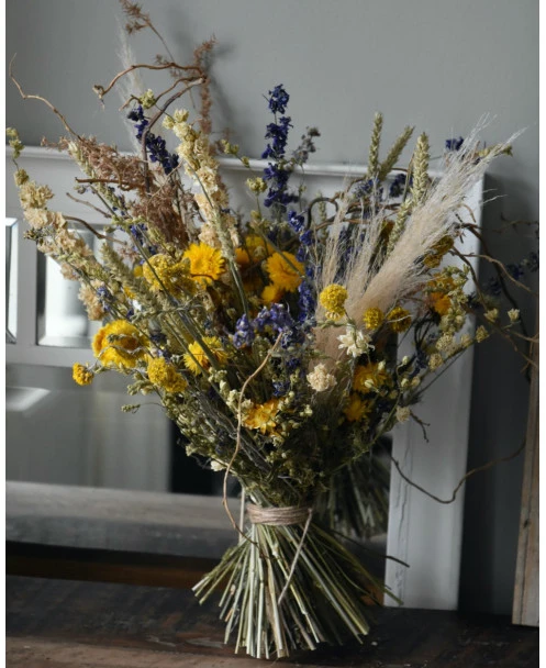 Gelaagd Droogbloemen Boeket Naturel Geel Blauw Groen - Afbeelding 2