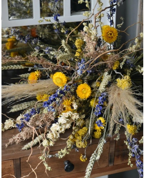 Gelaagd Droogbloemen Boeket Naturel Geel Blauw Groen - Afbeelding 6
