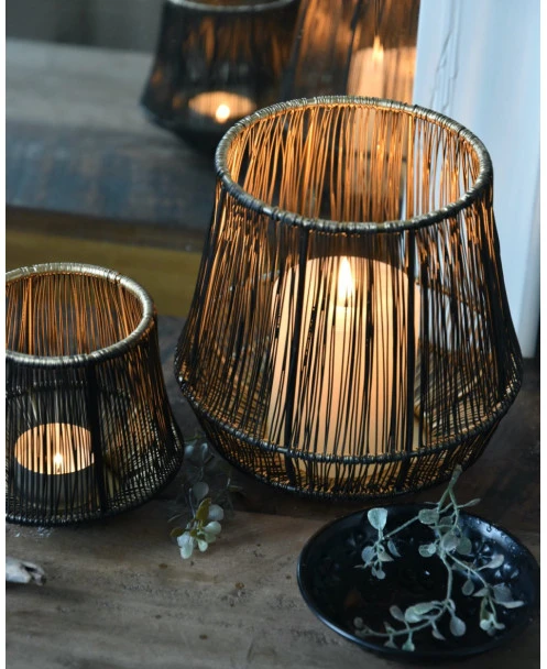 Metalen Draad Windlicht Zwart Goud Groot