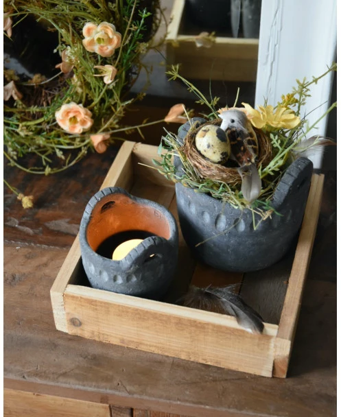 Set Van Houten Bakje, Waxinelicht Potje En Bloemstukje Met Vogeltje - Afbeelding 3