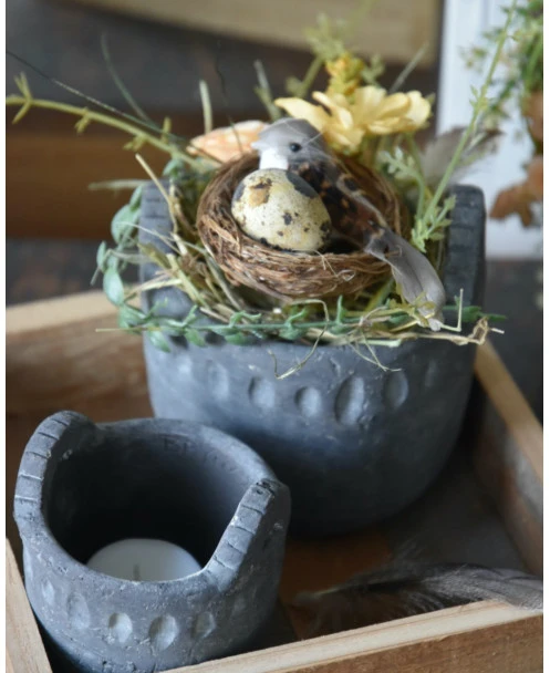 Set Van Houten Bakje, Waxinelicht Potje En Bloemstukje Met Vogeltje - Afbeelding 4