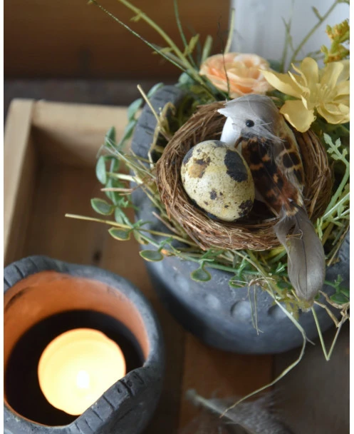 Set Van Houten Bakje, Waxinelicht Potje En Bloemstukje Met Vogeltje - Afbeelding 6