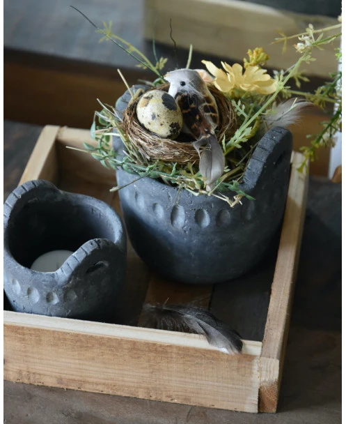 Set Van Houten Bakje, Waxinelicht Potje En Bloemstukje Met Vogeltje