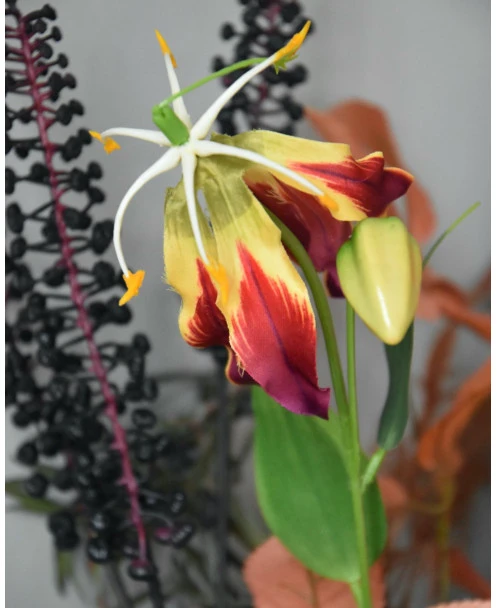 Zijde Barok Boeket In Warm Rood Oranje Geel Met Gloriosa En Vuurpijl - Afbeelding 4