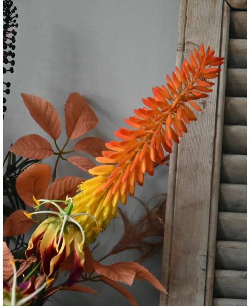 Zijde Barok Boeket In Warm Rood Oranje Geel Met Gloriosa En Vuurpijl - Afbeelding 7